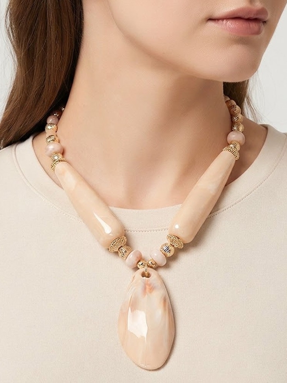 Ivory Teardrop Resin Stone Beaded Pendant Necklace Bold Chunky Jewelry Gold